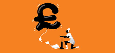 Illustration of woman blowing up balloon in the shape of a pound sign
